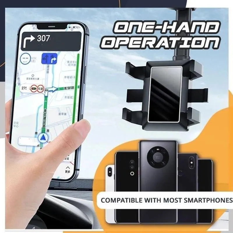 Black rearview mirror car phone holder with 360-degree rotation and retractable arm