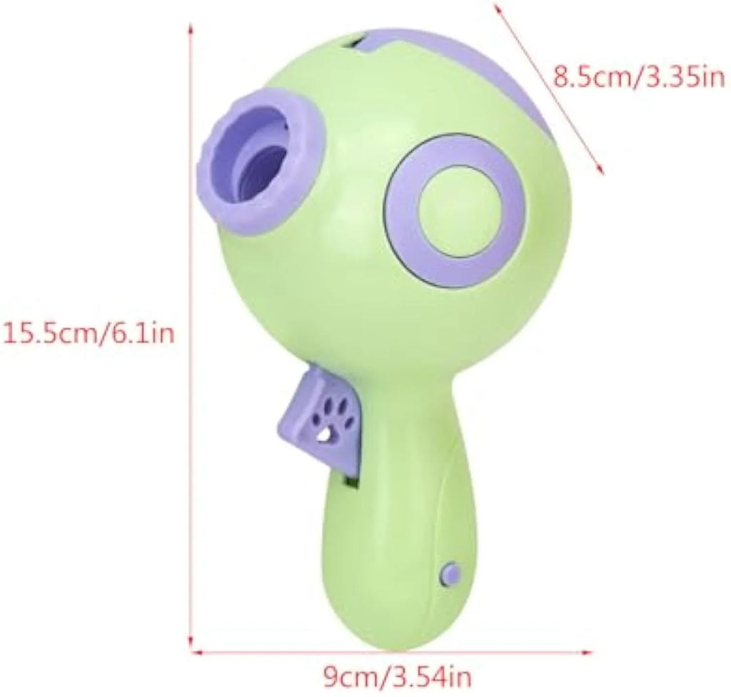 Green, orange, and pink plastic interactive dog treat launcher toy with remote feeding function.