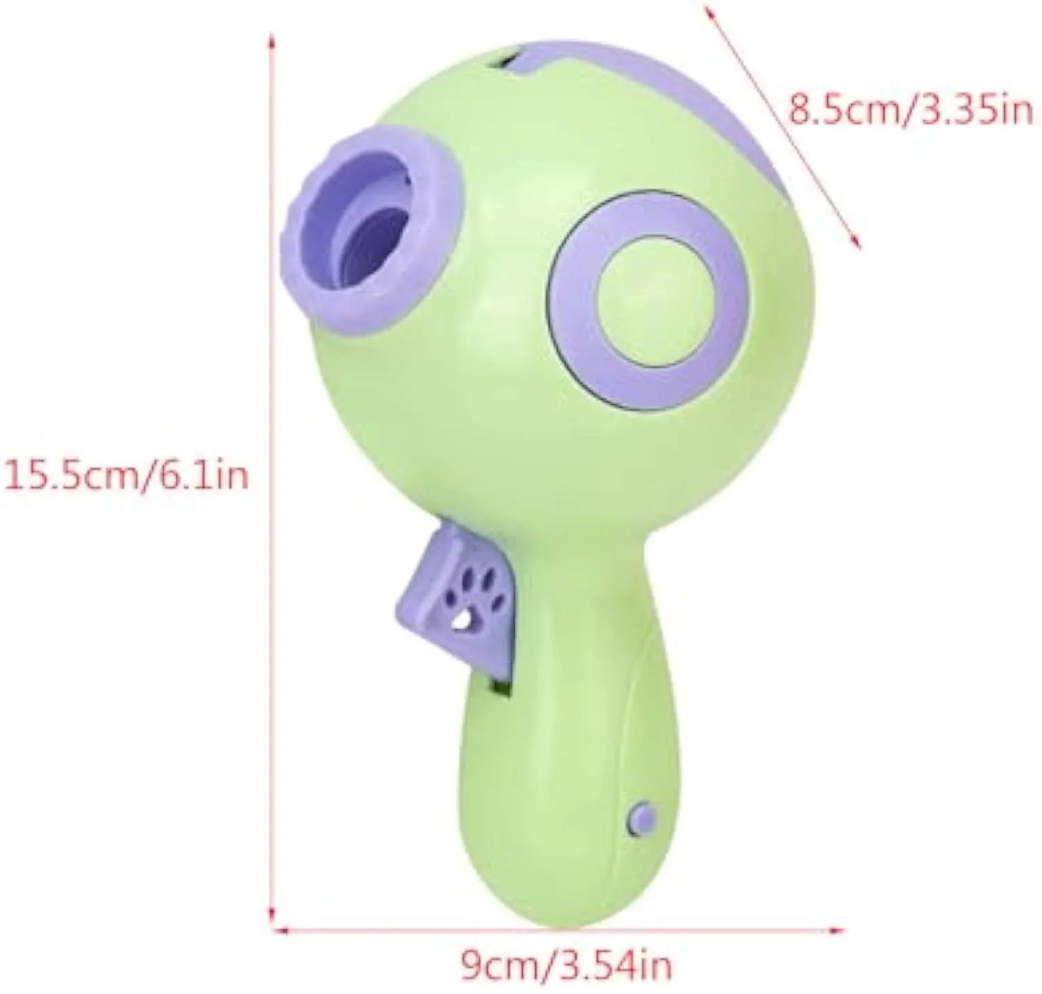 Green, orange, and pink plastic interactive dog treat launcher toy with remote feeding function.