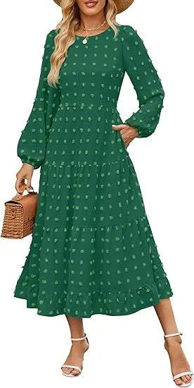 Women's beige long sleeve casual dress with ruffled sleeves and a high waist.
