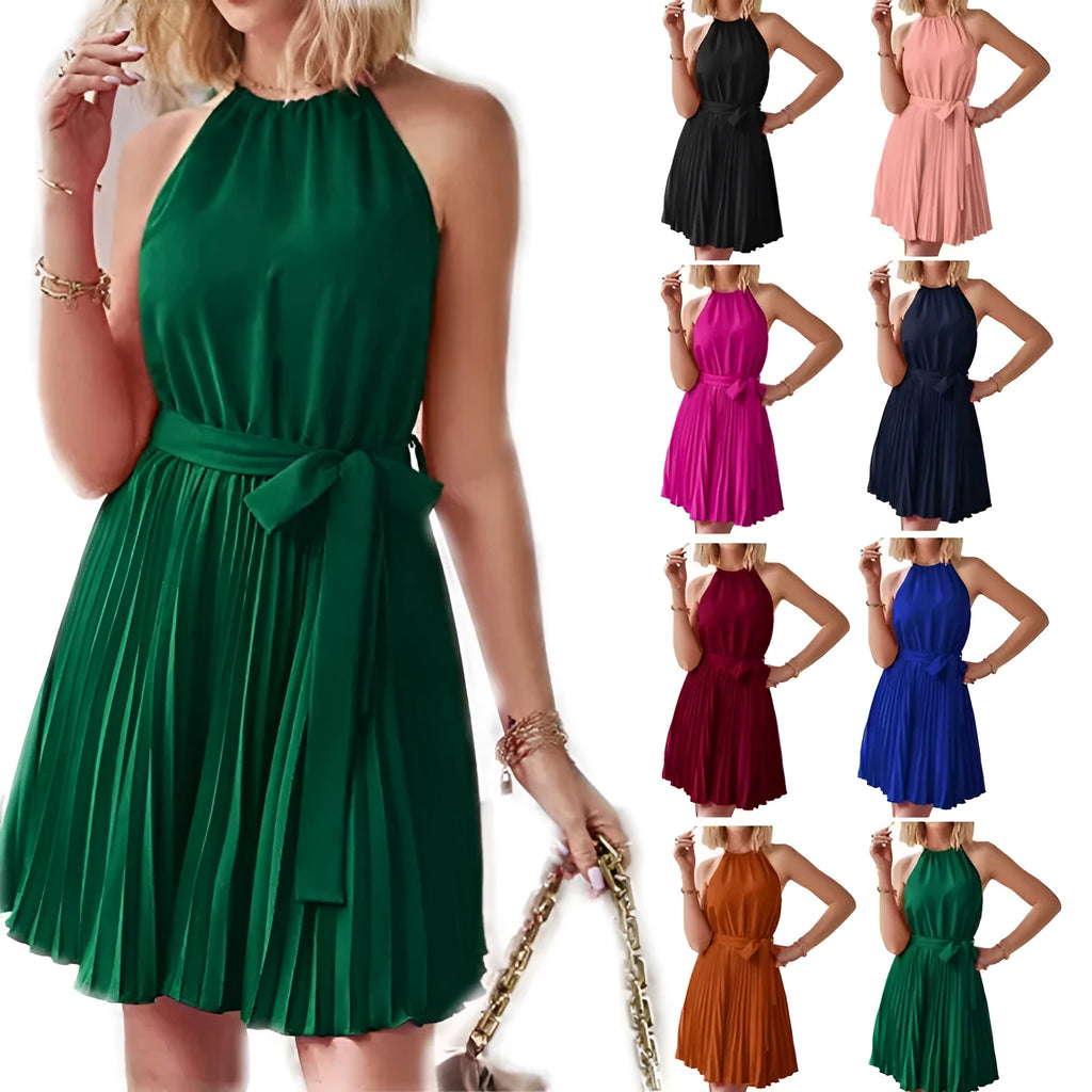 Women's black halter neck strapless sundress with pleated chiffon skirt and waist belt