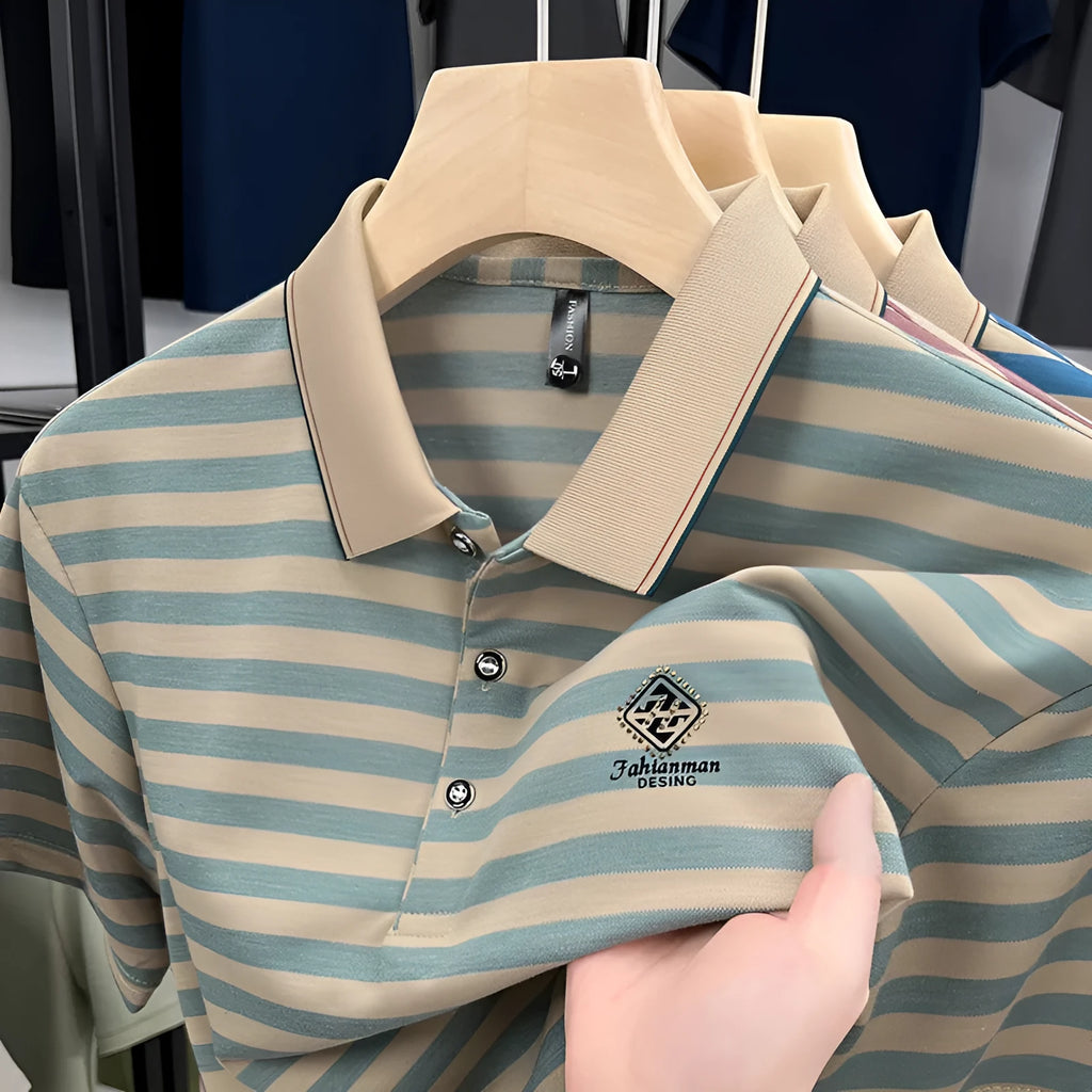 Men's striped short sleeve casual shirt in polyester with mosaic pattern, available in red, blue and green colours