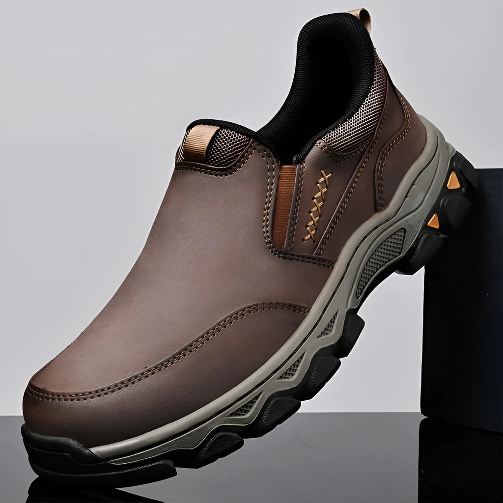 Men's dark brown casual leather-style shoes with round toe and flat rubber sole