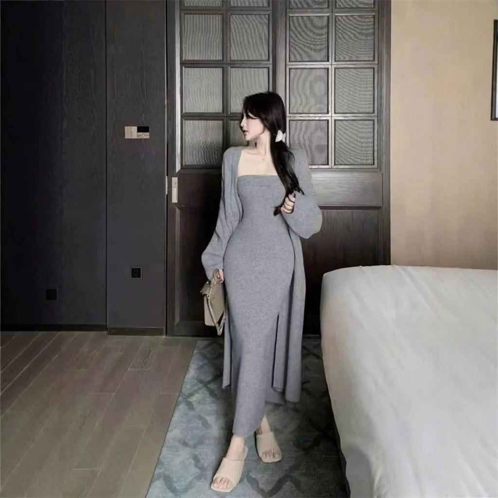 Women's knitted cardigan and long skirt dress two-piece suit in grey with flocking detail