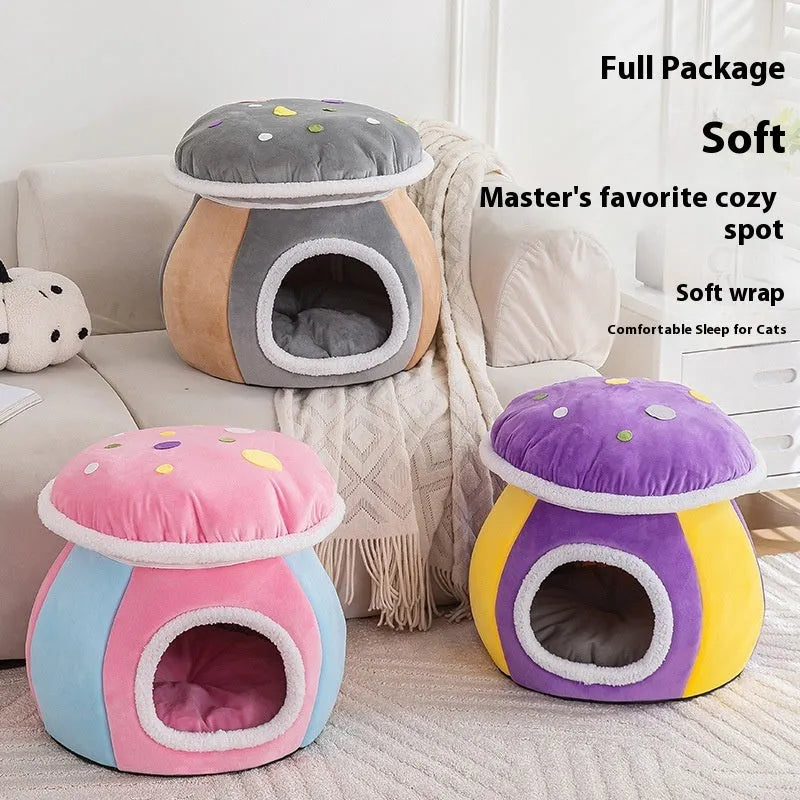 Mushroom-shaped cat bed in rabbit plush material showing grey, pink and purple colour options