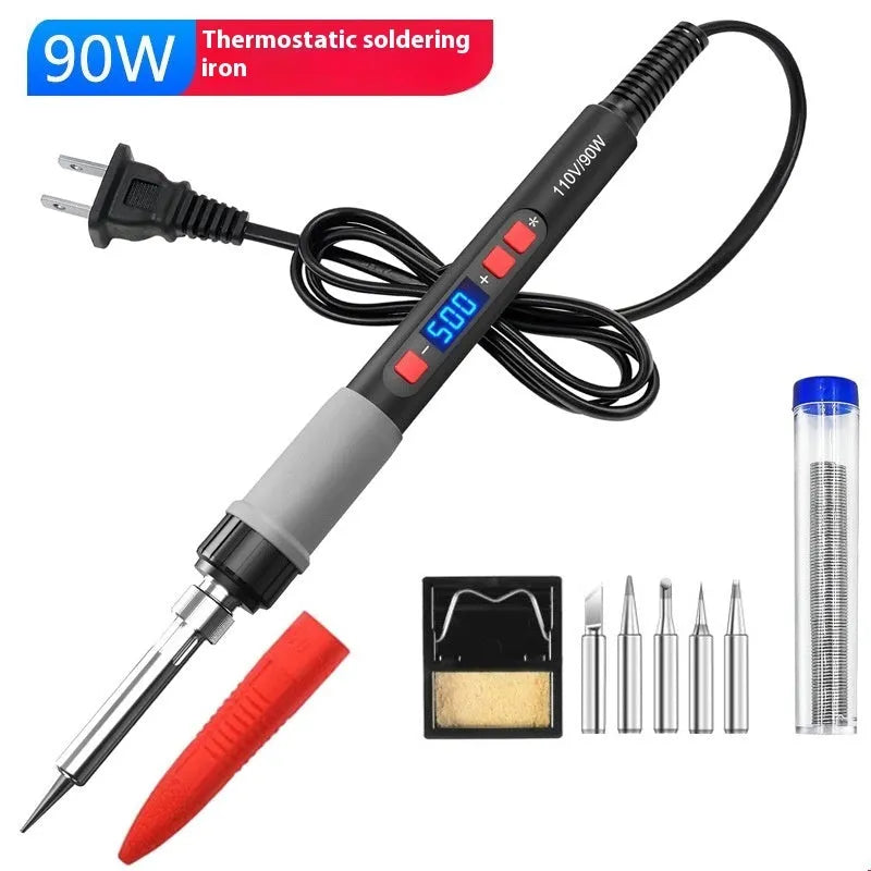 Grey 90W electric soldering iron kit with ceramic heating core, five tips, tin wire, sponge, and holder.