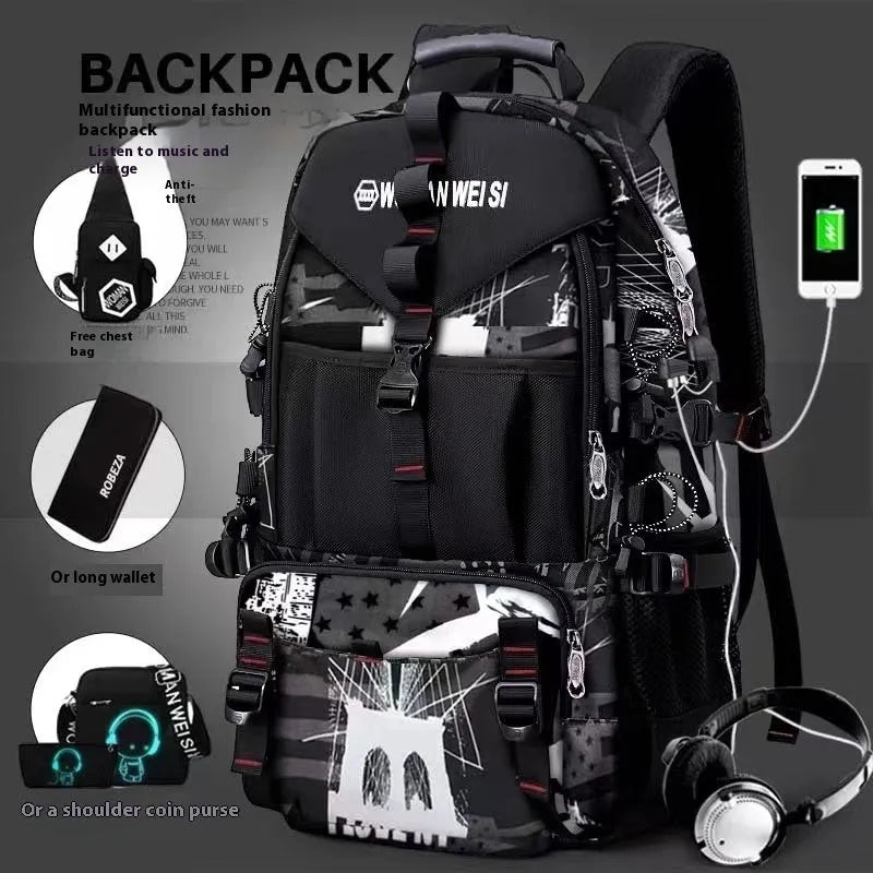 Men's large black waterproof Oxford cloth hiking backpack with anti-theft features