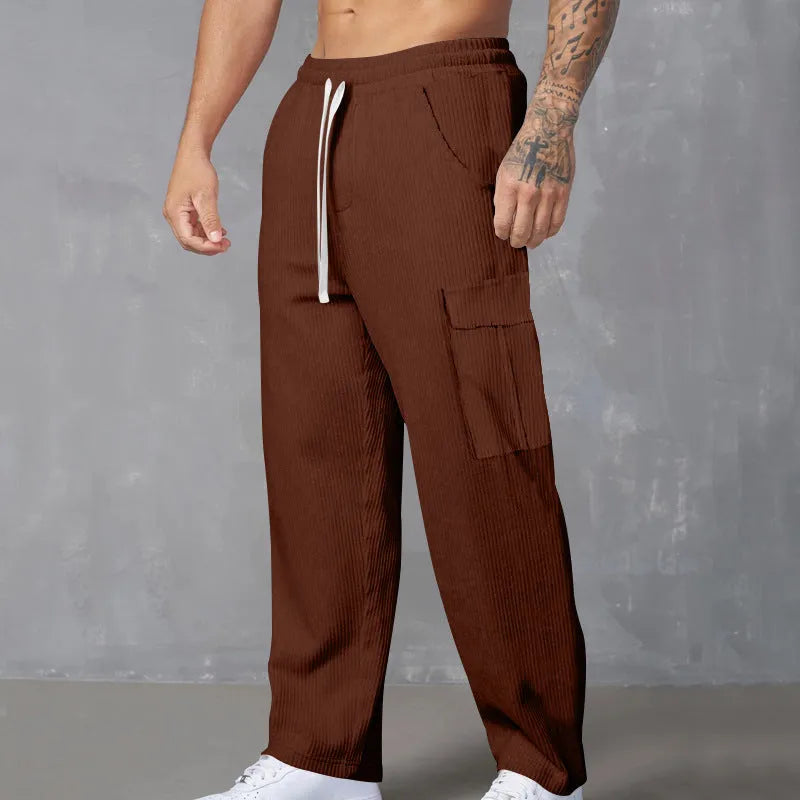 Men's corduroy cargo trousers with elastic waistband in straight-leg wide-leg design