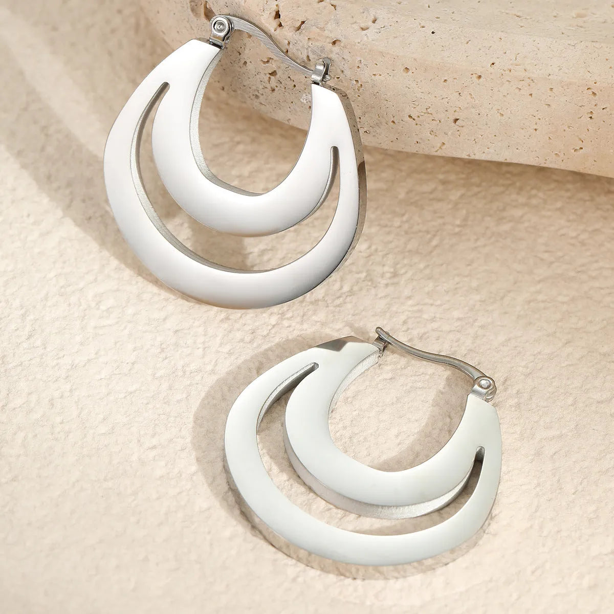 Geometric French earrings with round ring design in gold plated 18K stainless steel for women