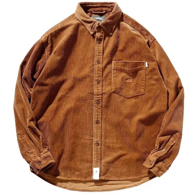 Men's loose fit corduroy cardigan shirt in caramel colour with long sleeves and casual styling