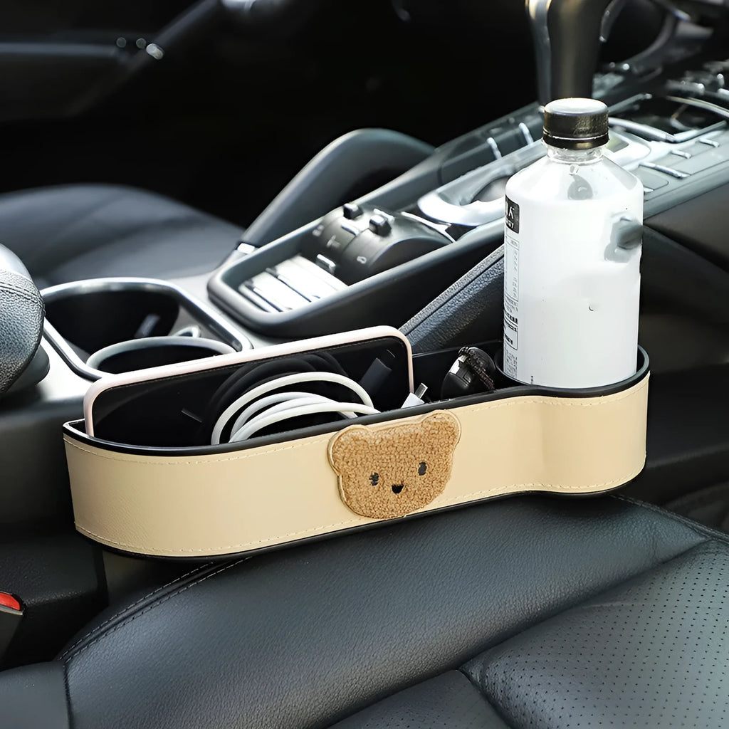 Leather car seat gap storage box with cartoon bear design for organising vehicle interior accessories