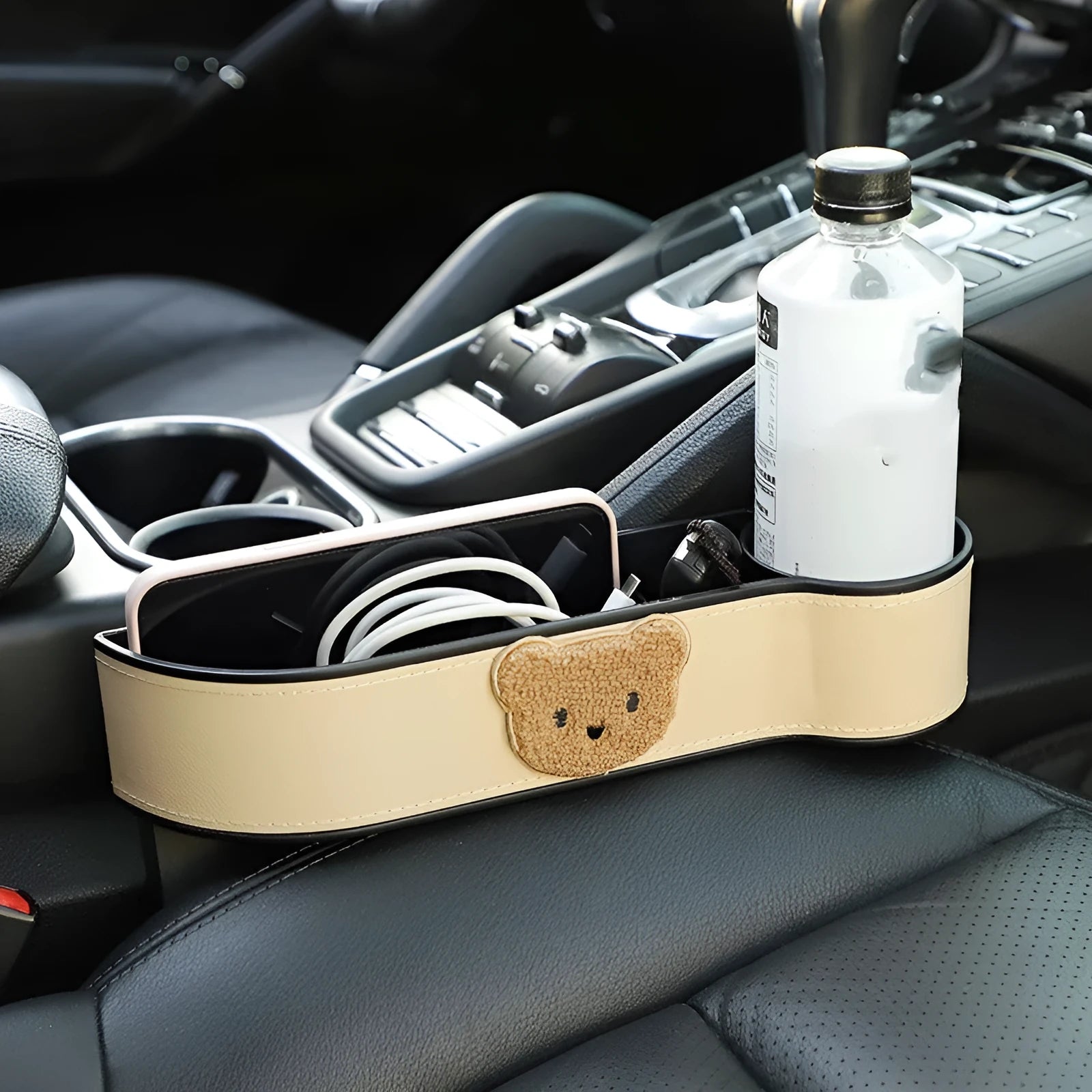 Leather car seat gap storage box with cartoon bear design for organising vehicle interior accessories