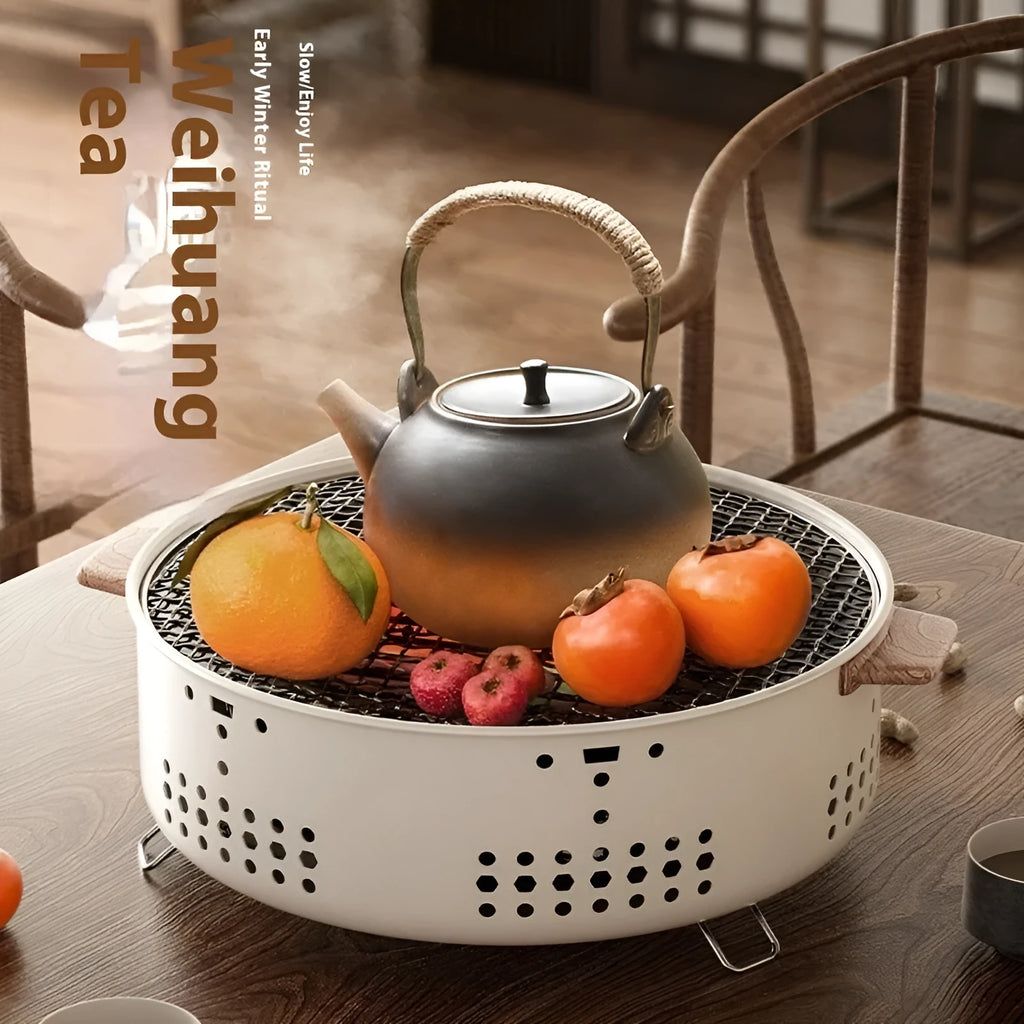 Portable indoor charcoal cooking stove with grill rack disk for baking and tea preparation