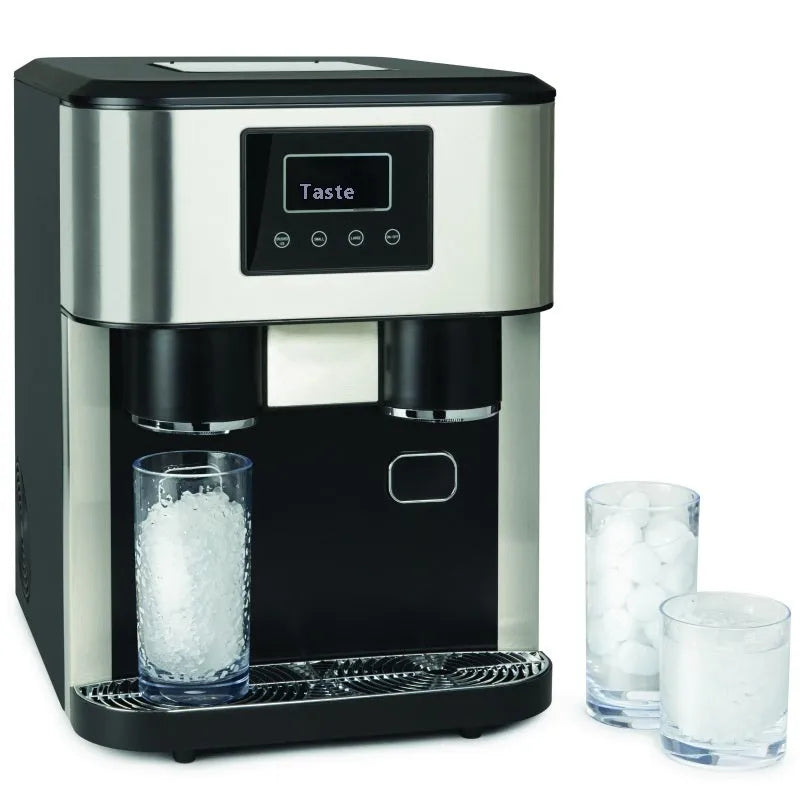 Black desktop ice maker with stainless steel components showing ice production, crushing, and water dispensing functions