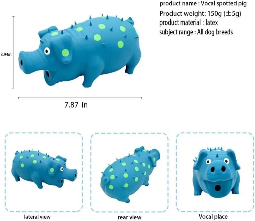 Blue latex pig-shaped dog chew toy with textured surface and squeaker