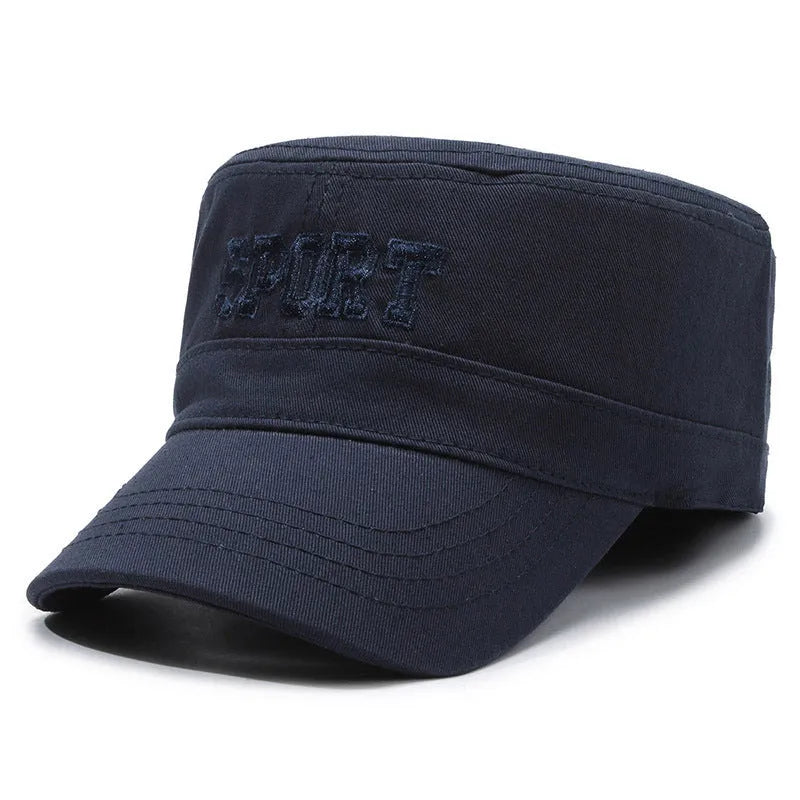 Men's adjustable cotton peaked cap with flat-top dome crown in army green colour showing English letter detailing