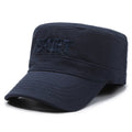 Men's adjustable cotton peaked cap with flat-top dome crown in army green colour showing English letter detailing