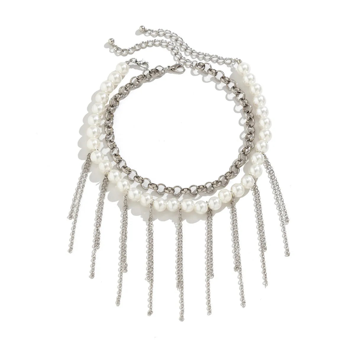Double-layer imitation pearl tassel necklace with iron pendant and ball bead chain in white K colour