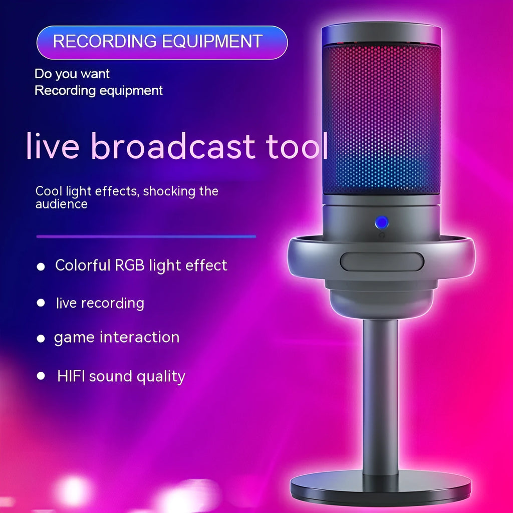 RGB condenser microphone for live streaming in black, white, or pink with 150cm cable