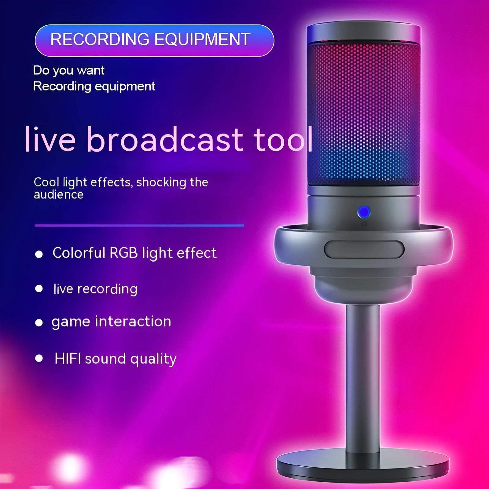 RGB condenser microphone for live streaming in black, white, or pink with 150cm cable