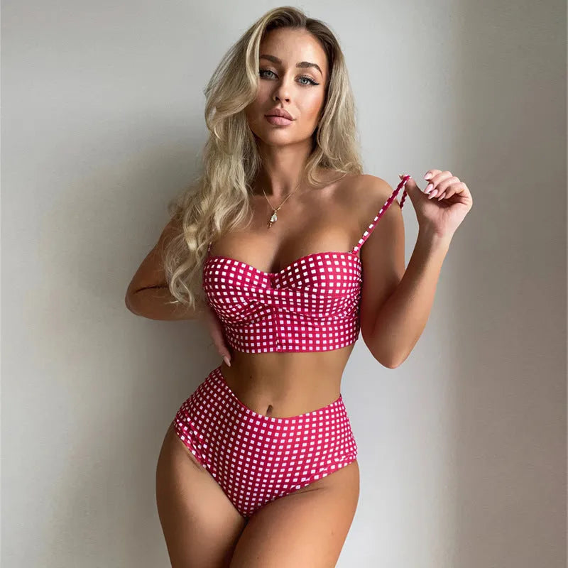 Women's high-waisted plaid bikini swimsuit with split sides in rose red, shown as a top and brief set.