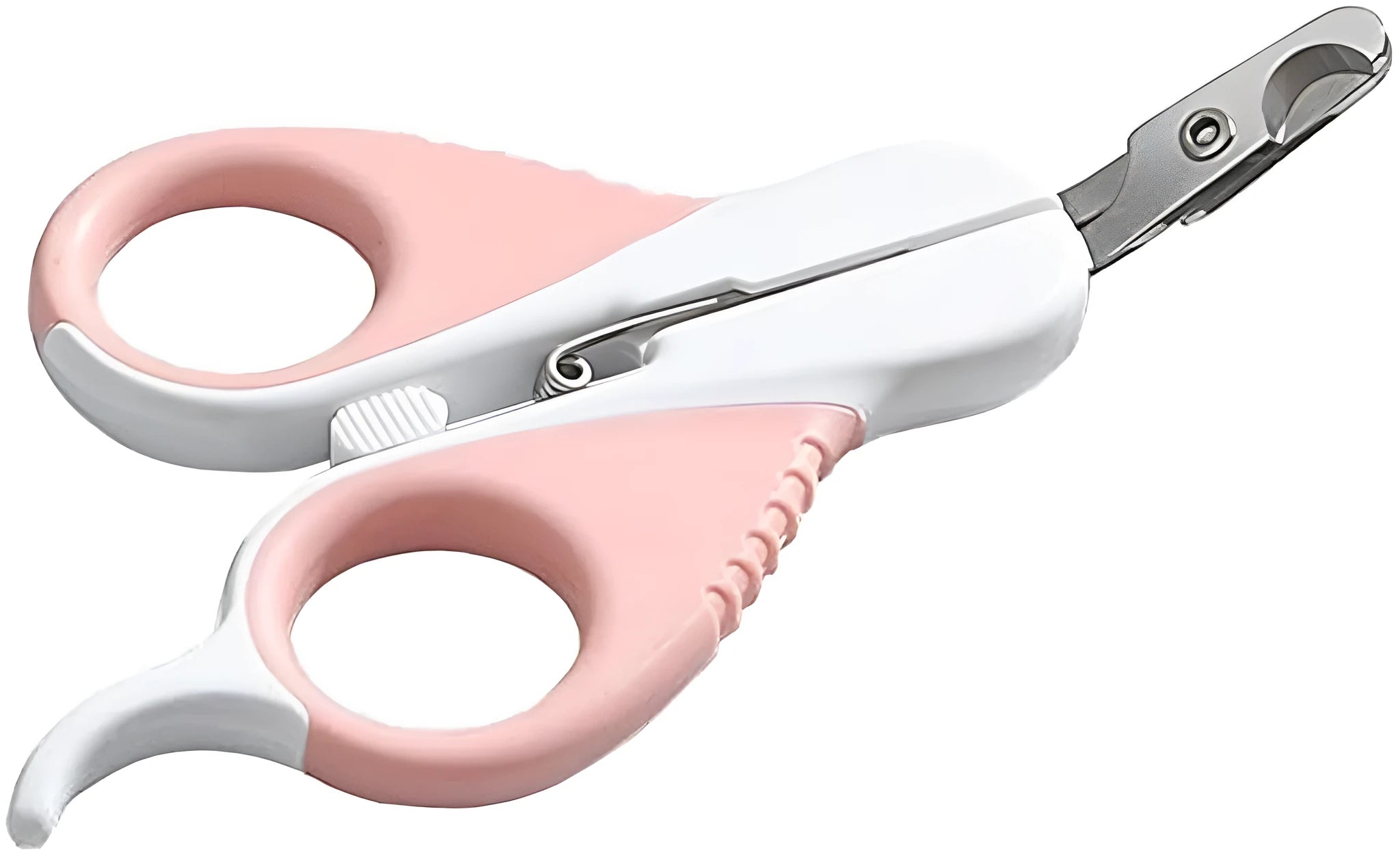 Grey and pink cat nail clippers with curved blade and rubber-coated handle