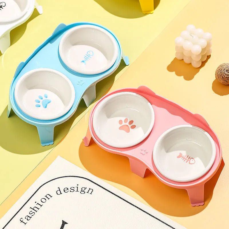 Ceramic cat food and water bowl set with elevated tilted stand in choice of colours