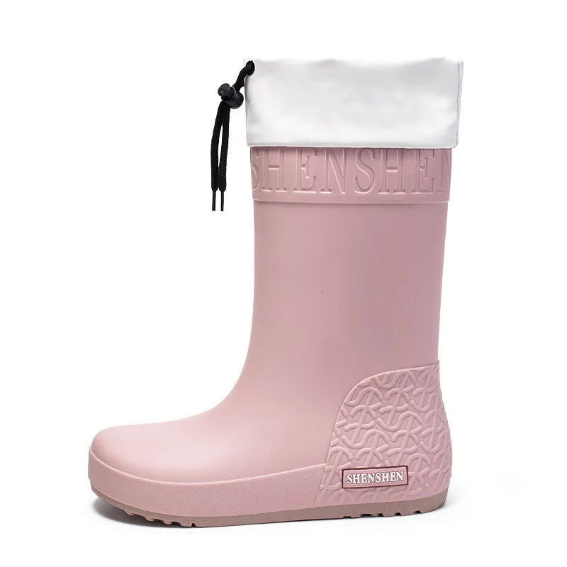 Women's non-slip PVC rain boots in apricot colour showing waterproof wellington boot design