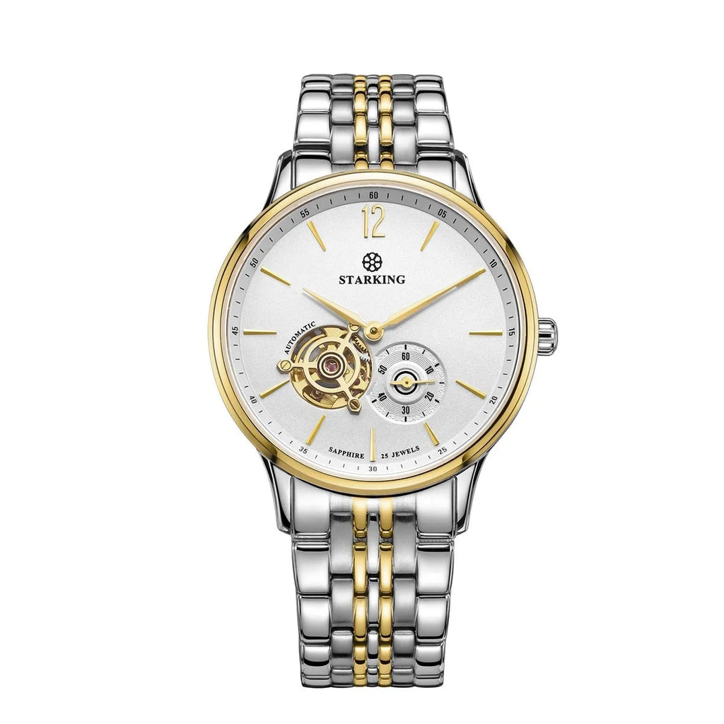 Men's stainless steel automatic business watch with sapphire crystal and brown leather strap
