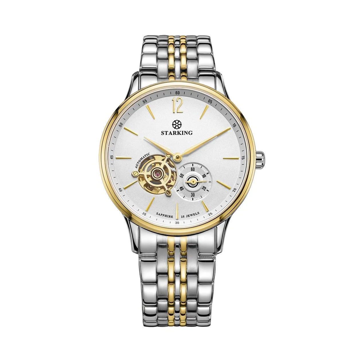 Men's stainless steel automatic business watch with sapphire crystal and brown leather strap