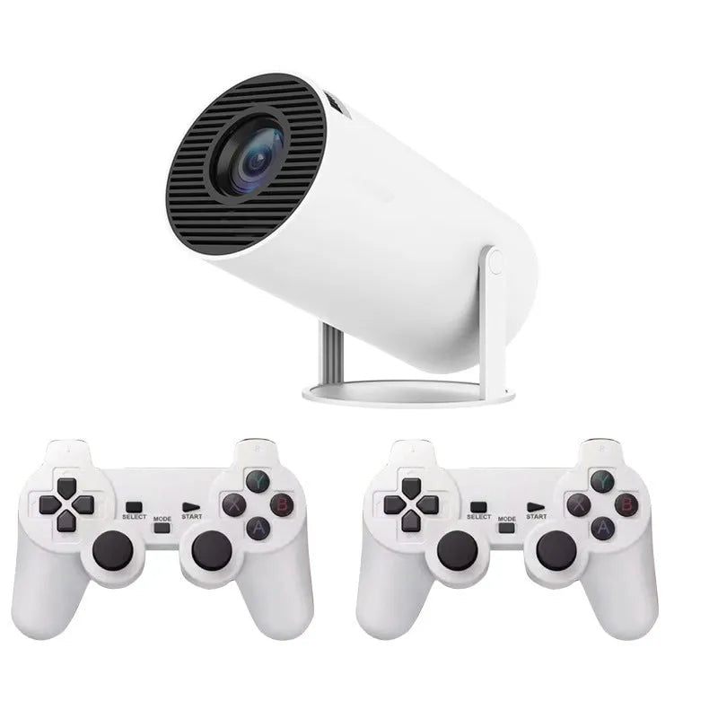 White Barrel X10 PLUS portable HD projector with wireless gamepad and remote control on table