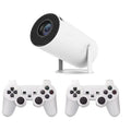 White Barrel X10 PLUS portable HD projector with wireless gamepad and remote control on table