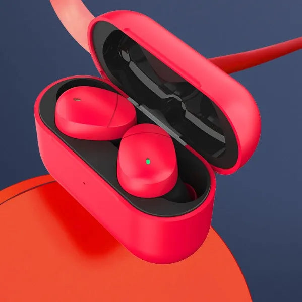 Flame red Qualcomm Bluetooth 5.2 wireless headset with earplug design and charging cable