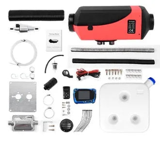 Diesel auxiliary air heater unit with oil pump, fuel tank, pipes, and wiring for vehicle installation.