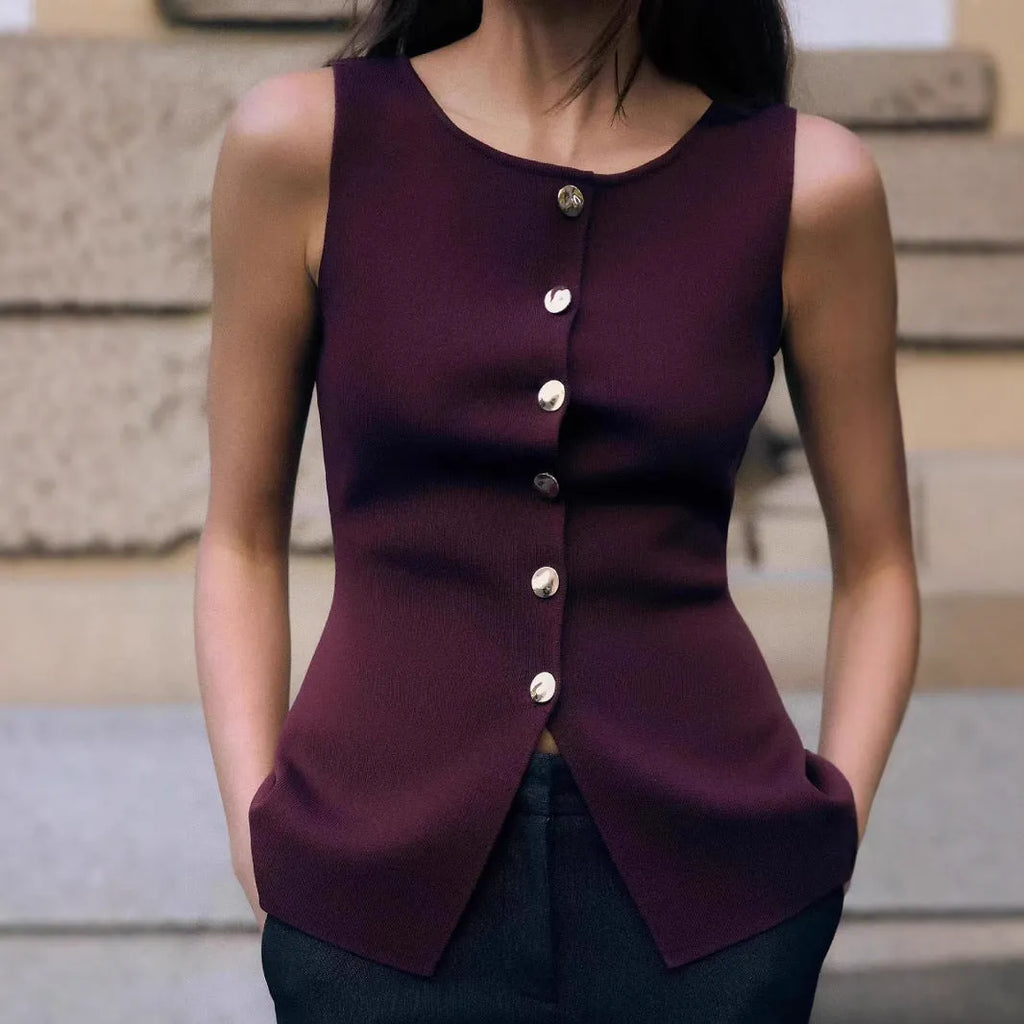 Women's dark red viscose fibre sleeveless cardigan vest with 3D pattern detailing and slim fit silhouette