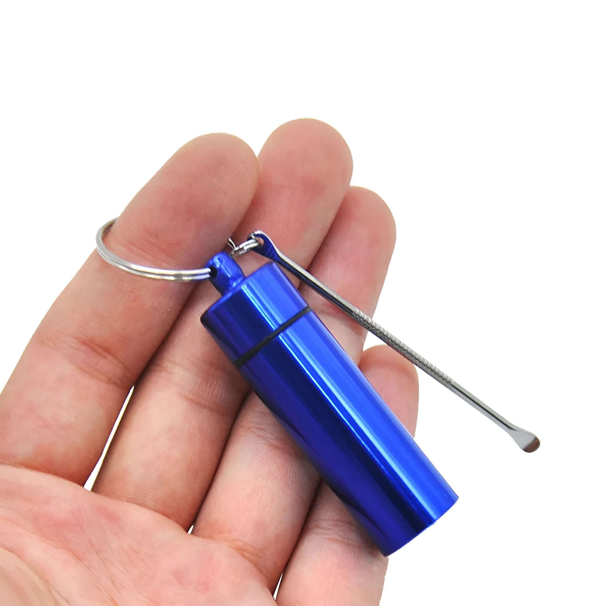 Aluminium portable medicine bottle with spoon and keychain in blue, green, red, gold, and black