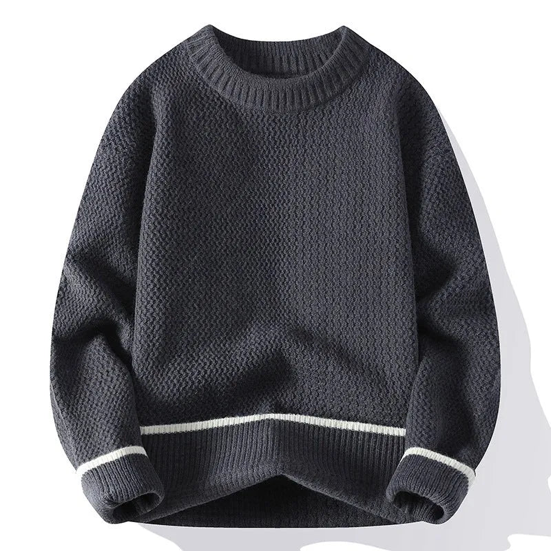Grey men's loose fit round neck long sleeve casual pullover sweater on a hanger.