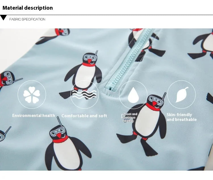 Boys' penguin print long sleeve swimming costume set with matching swim cap for sun protection