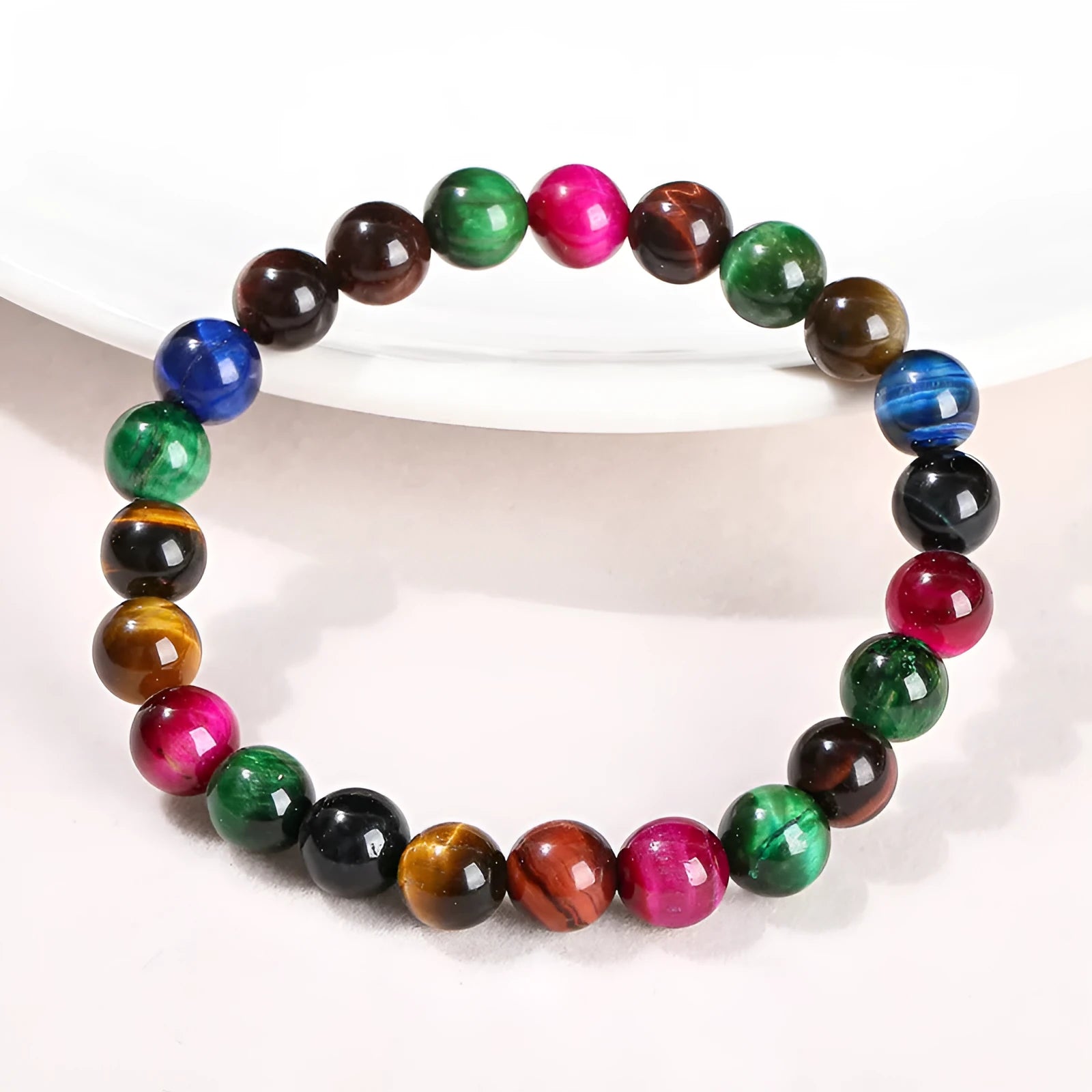 Women's colourful tiger eye gemstone bracelet with round beads in 6mm, 8mm, 10mm, and 12mm sizes