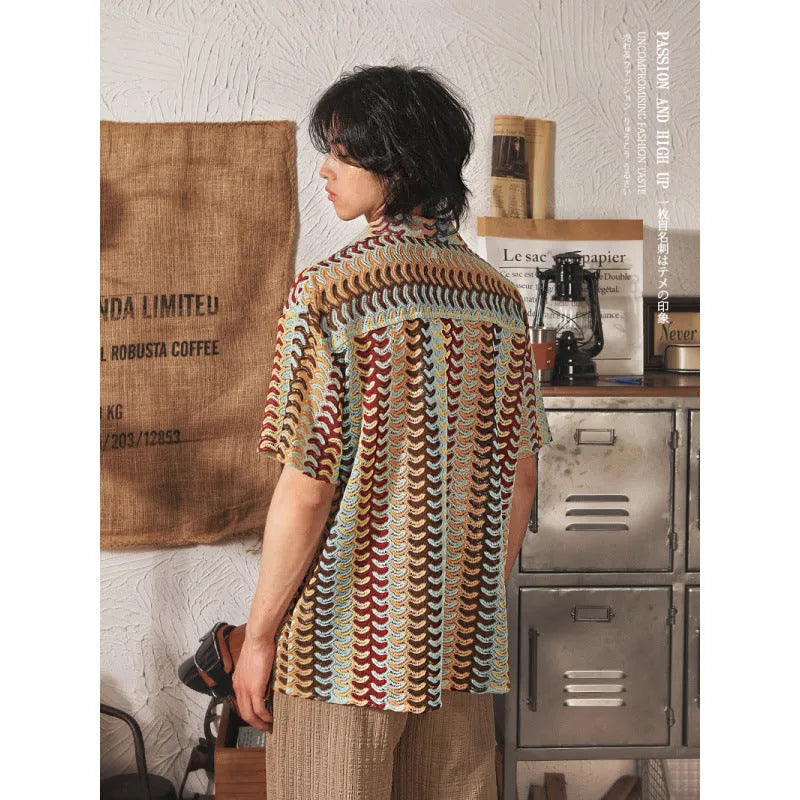 Grey and red men's Cuban collar short sleeve shirt with Japanese jacquard pattern, slim fit.