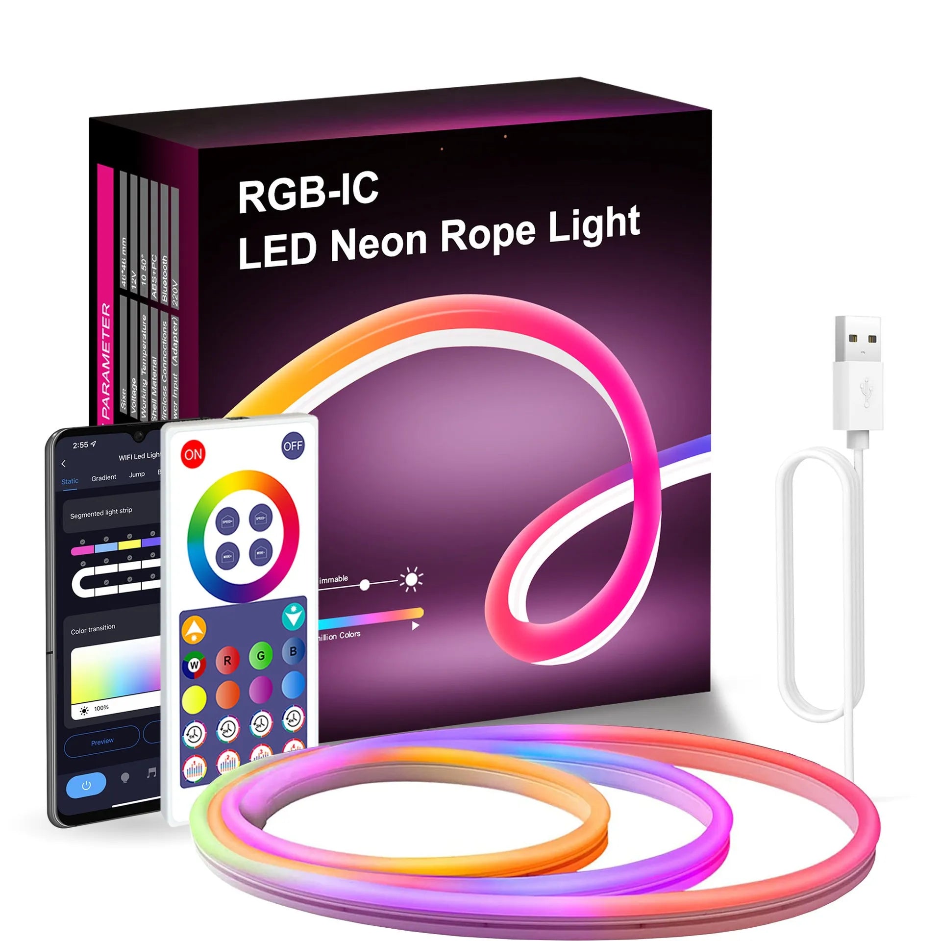 3 metre long RGB neon LED strip lights with remote control and USB power cable