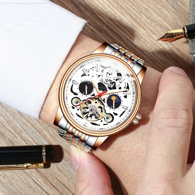 Men's mechanical tourbillon watch with luminous dial and waterproof case in T867 Black colour.