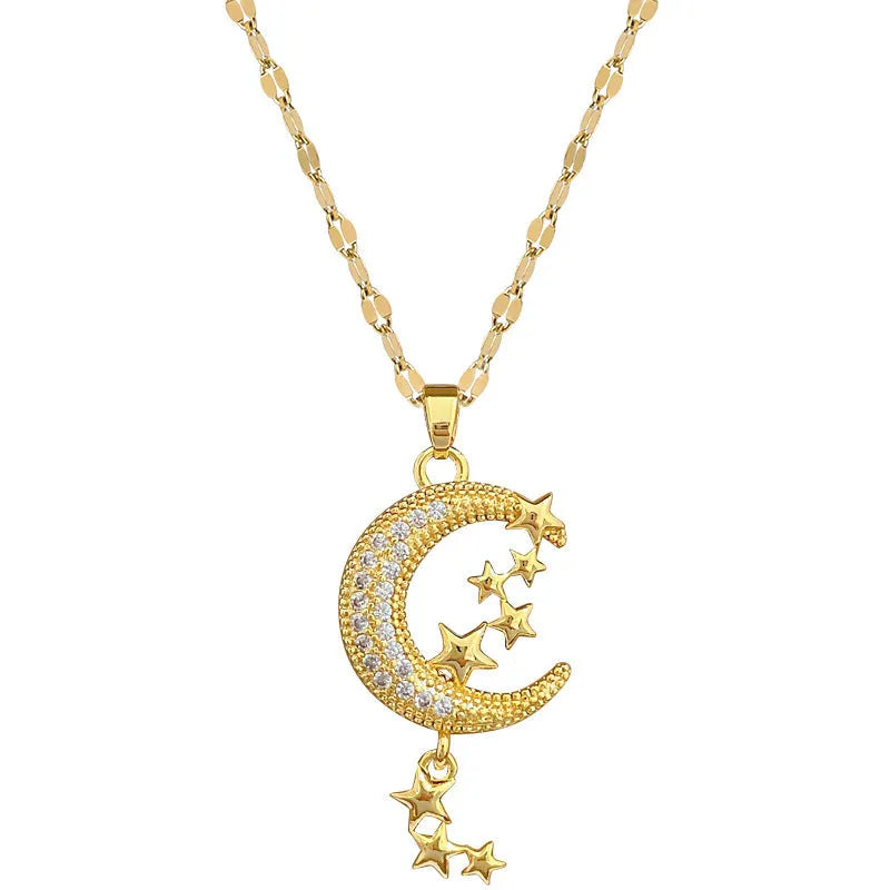Moon pendant necklace with tassel design and diamond accents on stainless steel chain