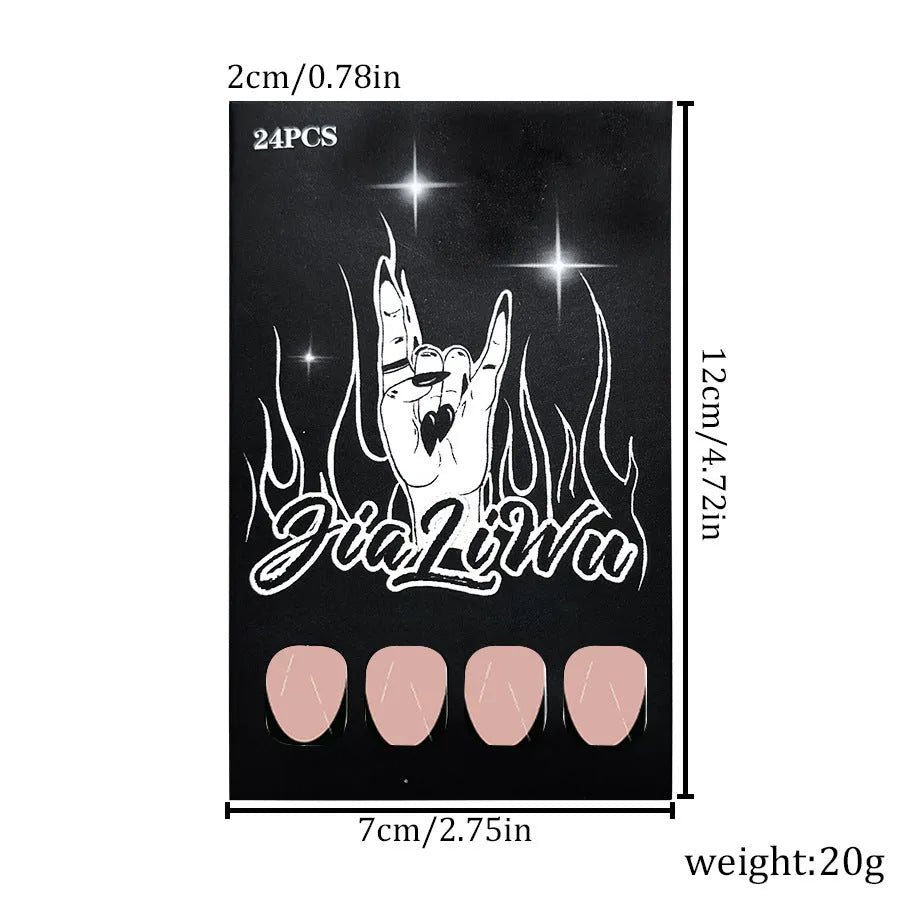 Black French style false nails set with 24 almond-shaped pieces in J049 colour classification