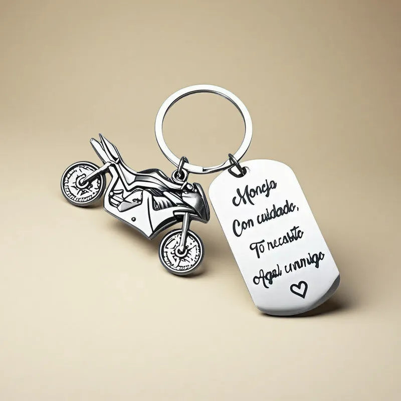 Stainless steel motorcycle keychain with inspirational design and a flannel bag