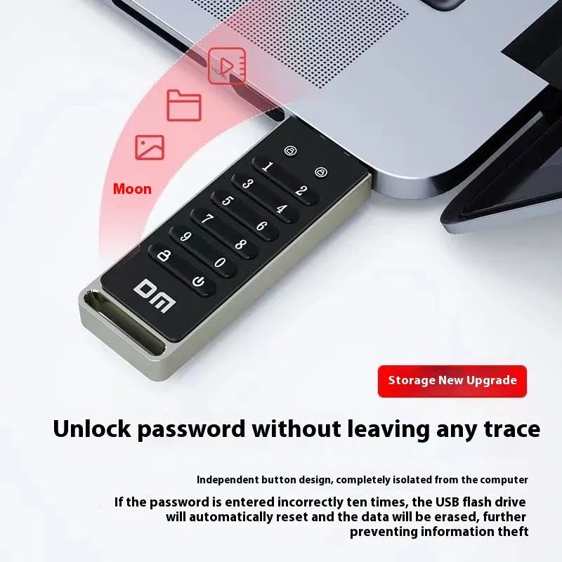 Metal USB flash drive with fingerprint scanner showing 64GB capacity and USB 3.0 connection