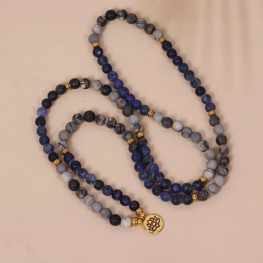 Multi-layer blue patterned network stone bead bracelet with adjustable cord closure
