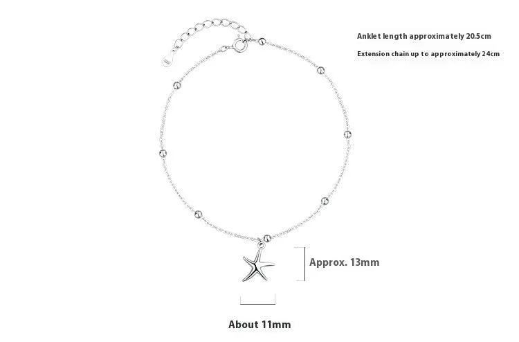 S925 sterling silver women's anklet with starfish charm and round beads design