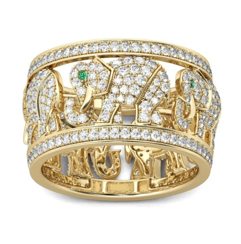 Alloy elephant ring with diamond detailing in electroplated finish, showing full elephant silhouette design