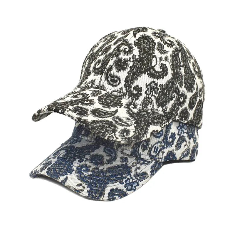 Polyester baseball cap with paisley print pattern in blue, black, or wine red.